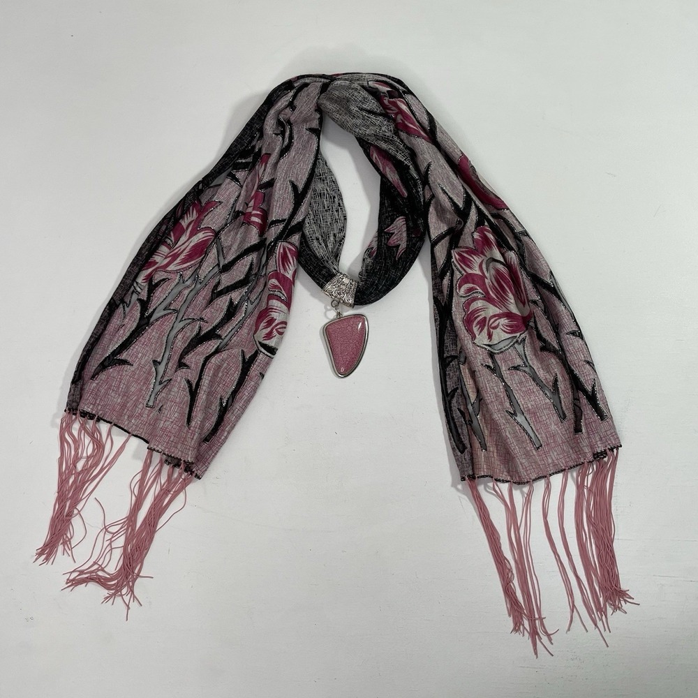 Sheer Floral Scarf with Charm & Fringe Black Pink Silver Shimmer Tulip